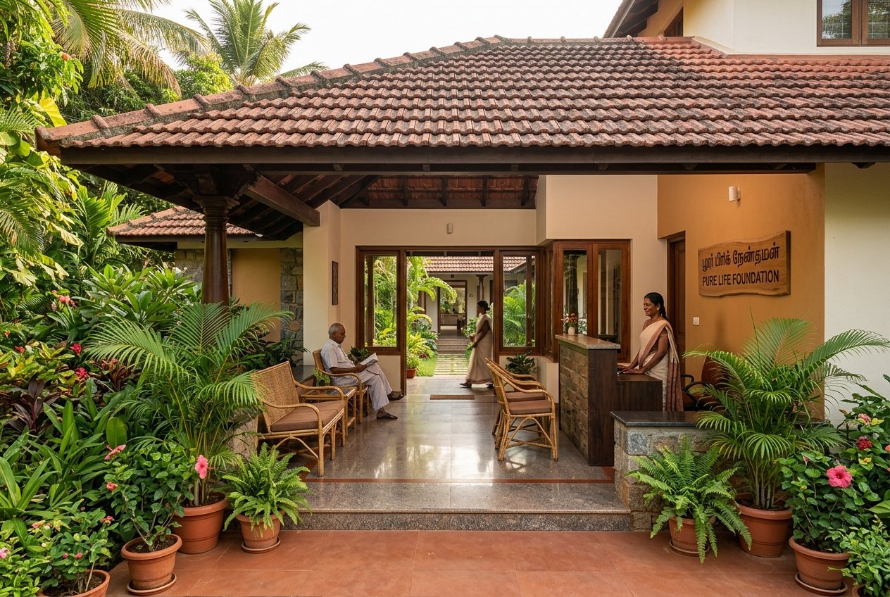 Pure Life Foundation campus grounds and peaceful healing environment in Dharmapuri