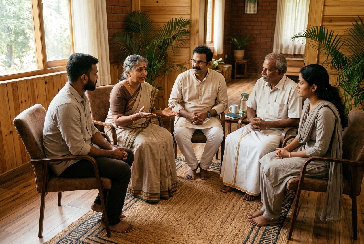 Peer recovery group therapy and counseling circle at Pure Life Foundation Dharmapuri
